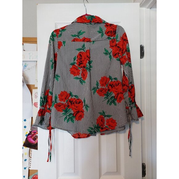 Red & Black Striped Rose Pattern Blouse Size L By Blush - Picture 3 of 3